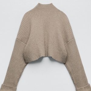 Zara Taupe Cropped, High-Neck Sweater - Size Medium